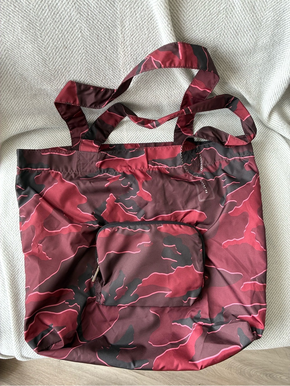 Coach F31488 Packable Tote Wild Camo Burgundy Multi Nylon Travel Bag